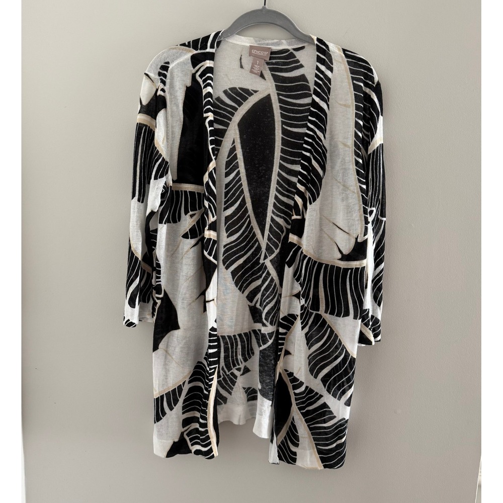 Chicos Palm Leaf Print Cardiganโ Black White Ramie Rayon Open Front Size 1 -Med